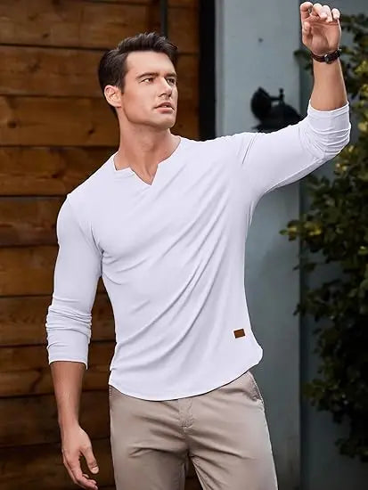 Mens Long Sleeve Muscle V-Neck Longline Ribbed Tee Shirts