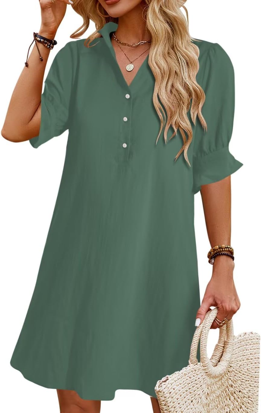 Womens Summer Shirt Mini Dresses with Pockets