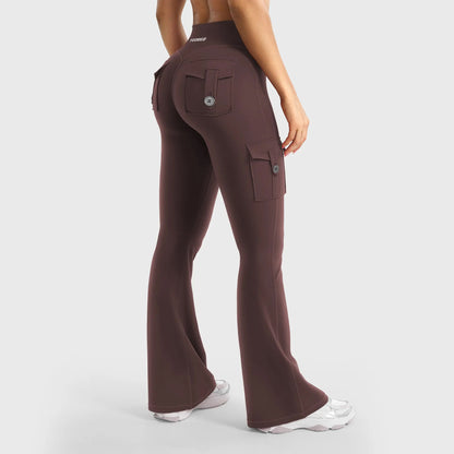 Women's Workout Flare Leggings with Pockets Hidden Scrunch High Waisted Cargo Gym Yoga No Front Seam Leggings Flared Joggers Fitness Outfit Camouflage Sports Pants