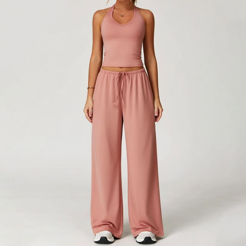 Women's Quick-Drying Athleisure Outfits - Adjustable V-Neck Strappy Top & Wide Leg Pants