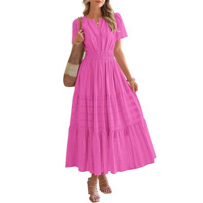 Women's Summer 2026 Casual Maxi Dress Lightweight Short Sleeve V Neck Boho Dress with Pockets