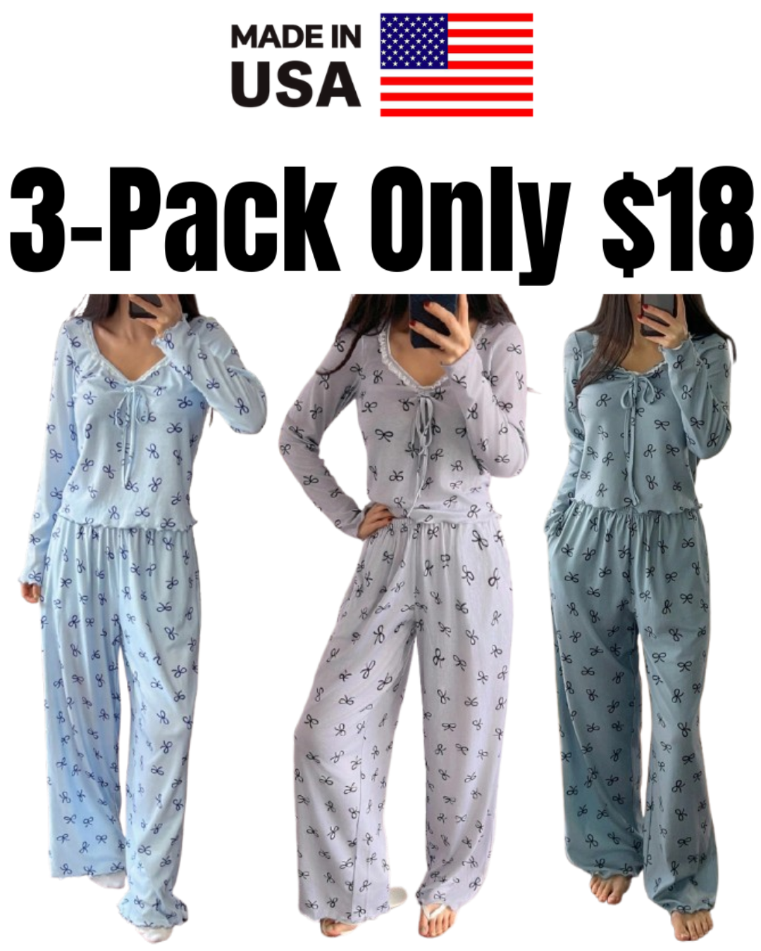Women's Bow Print Long-Sleeve Lounge Pajama Set