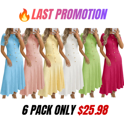 Womens Midi Dress Summer Casual Short Sleeve Crewneck Button Decor