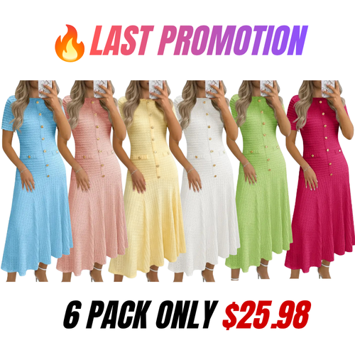 Womens Midi Dress Summer Casual Short Sleeve Crewneck Button Decor