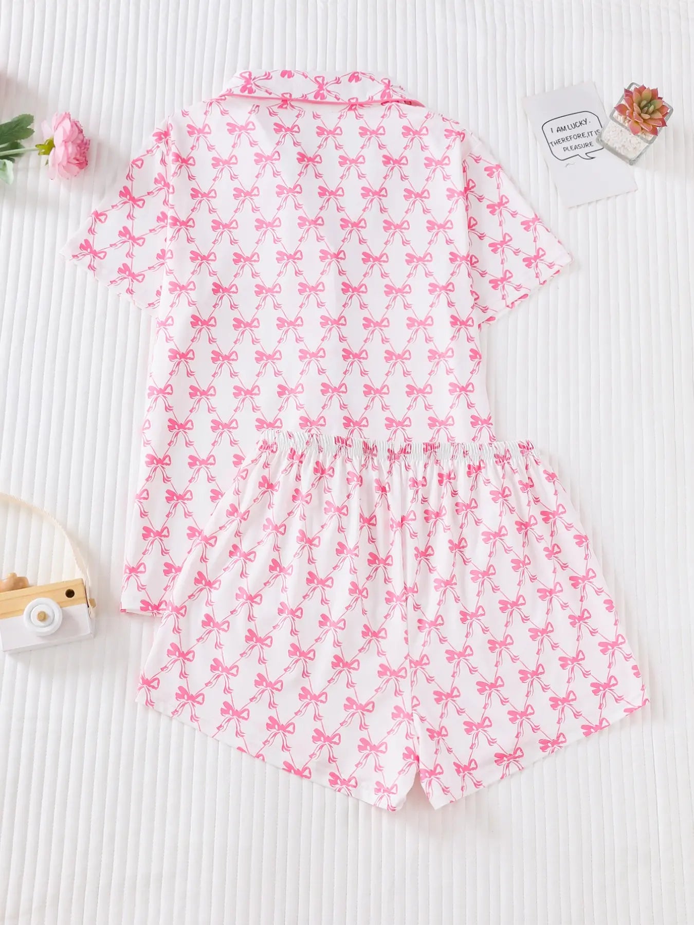 Women's Bow Full-Print Design Two-Piece Sleepwear Set