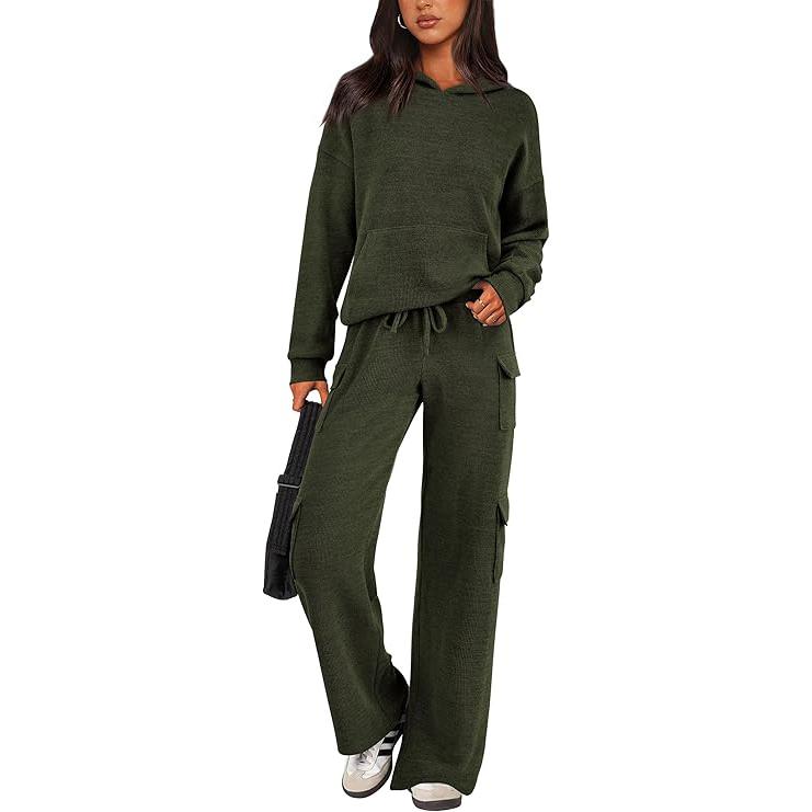 Women's Navy Blue Knitted Sets Hoodie & Wide Leg Pants with Pockets Drawstring Long Sleeve Loungewear Tracksuits Basic Fitted Clothes