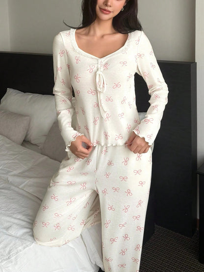Women's Bow Print Long-Sleeve Lounge Pajama Set