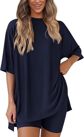 🔥Women's Two Piece Lounge Set Summer Casual Oversized Shirts Biker Shorts Matching Airport Travel Outfit