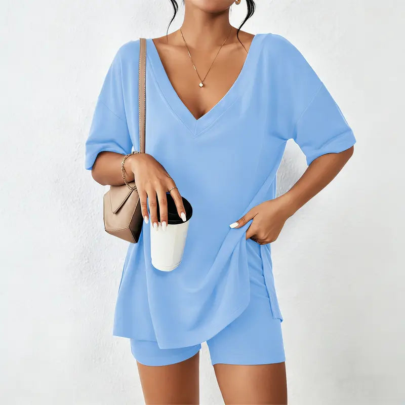 V-neck Two-Piece Pajama Set For Women Summer Casual Oversized Split Hem Shirts