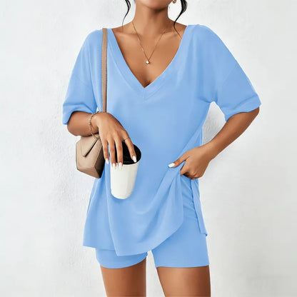 V-neck Two-Piece Pajama Set For Women Summer Casual Oversized Split Hem Shirts