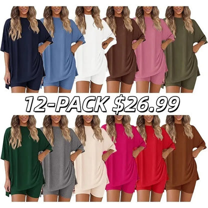 🔥Women's Two Piece Lounge Set Summer Casual Oversized Shirts Biker Shorts Matching Airport Travel Outfit