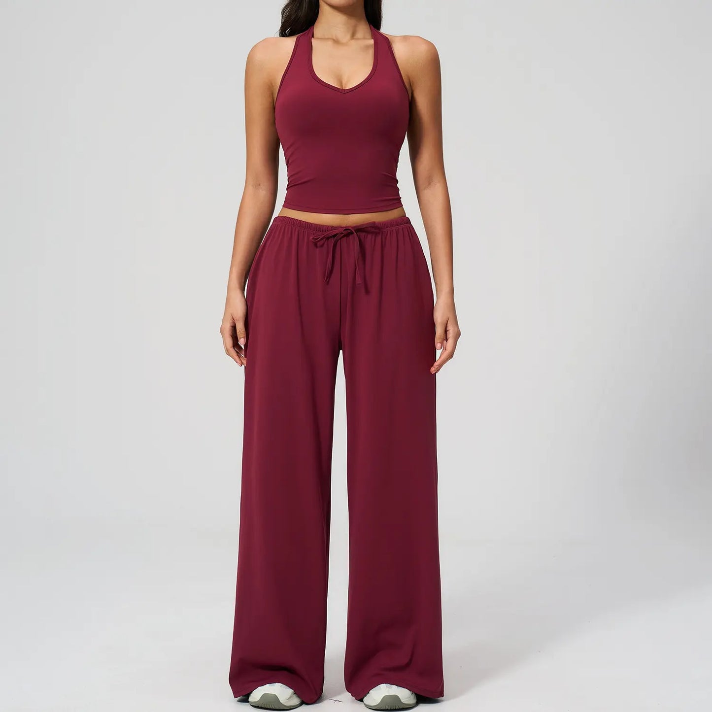Women's Quick-Drying Athleisure Outfits - Adjustable V-Neck Strappy Top & Wide Leg Pants
