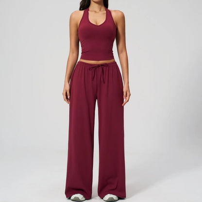 Women's Quick-Drying Athleisure Outfits - Adjustable V-Neck Strappy Top & Wide Leg Pants