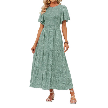Floral Print Short Flutter Sleeve Crew Neck High Waist Flowy Maxi Dress