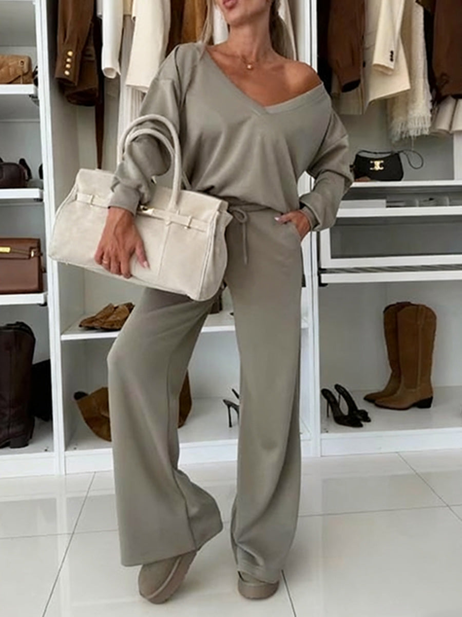 Autumn And Winter Solid Color Knitted V-Neck Top & Pants Set