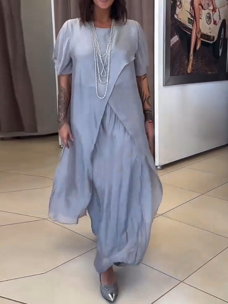 Chiffon Round Neck Casual Solid Color Two-Piece Suit