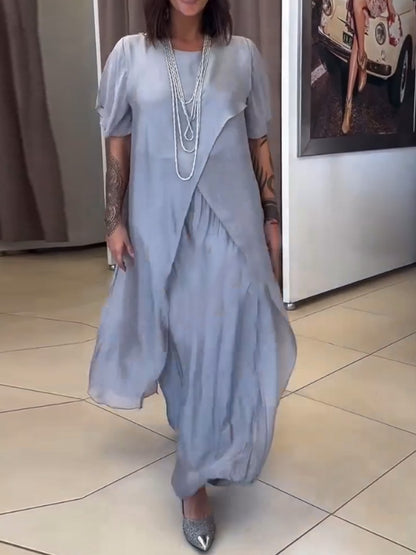 Chiffon Round Neck Casual Solid Color Two-Piece Suit