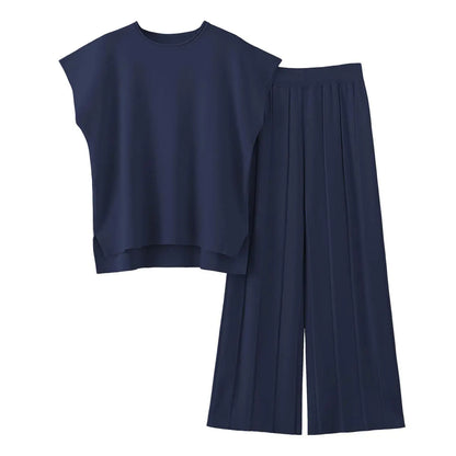 Women Two Piece Outfits Knit Cap Sleeve Tops Wide Leg Pleated Pants