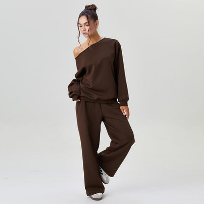 💘 Valentine’s Day Sale 💘Women's casual solid-color scoop-neck long-sleeved top and wide-leg pants set, comfortable curved-neck loose two-piece clothing set