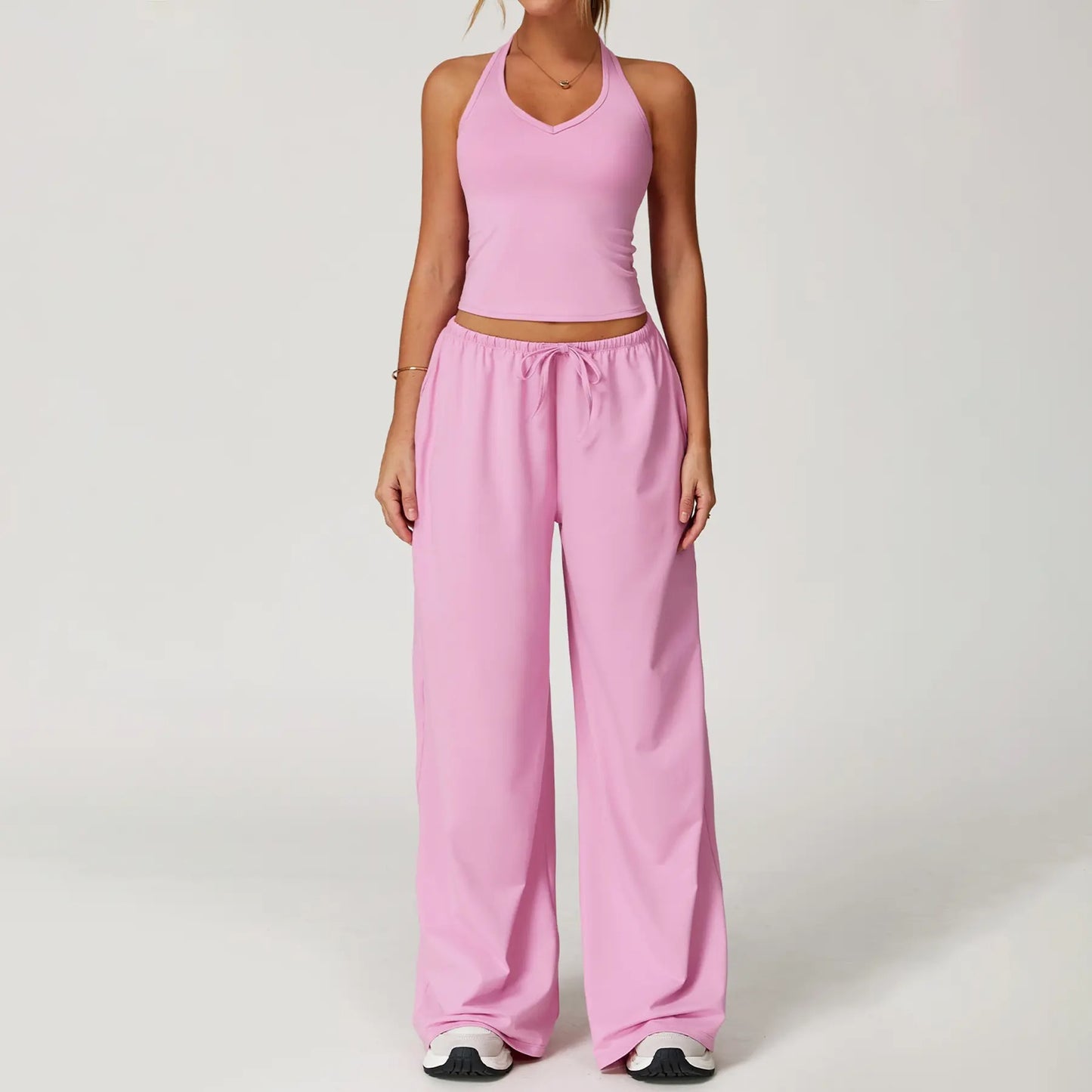 Women's Quick-Drying Athleisure Outfits - Adjustable V-Neck Strappy Top & Wide Leg Pants