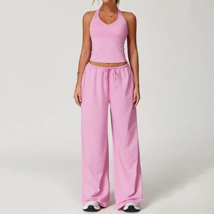 Women's Quick-Drying Athleisure Outfits - Adjustable V-Neck Strappy Top & Wide Leg Pants