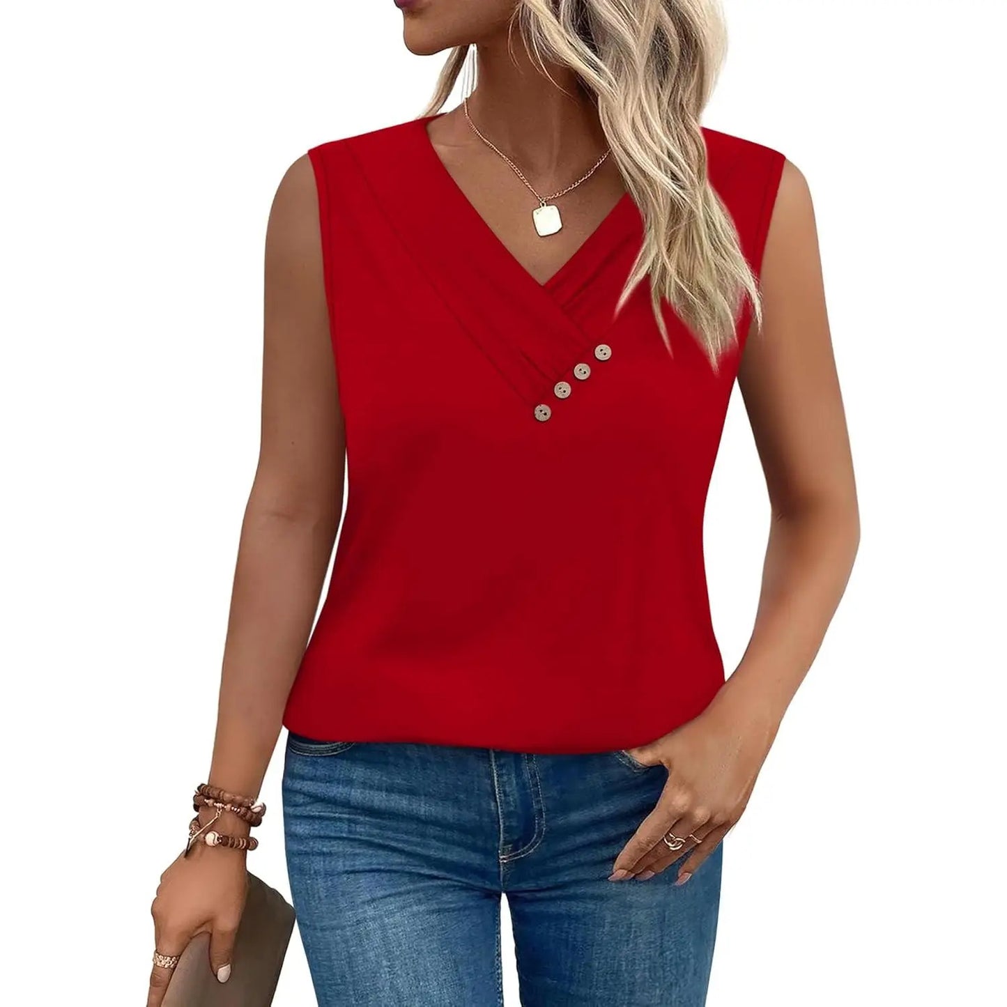 Last day discount🔥🔥Women Summer Button Down V Neck T Shirts Sleeveless Loose Fit Fashion Tops