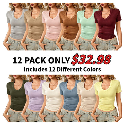 Women's Plain Deep V Neck Tee, Casual Short Sleeve T-Shirt for Summer