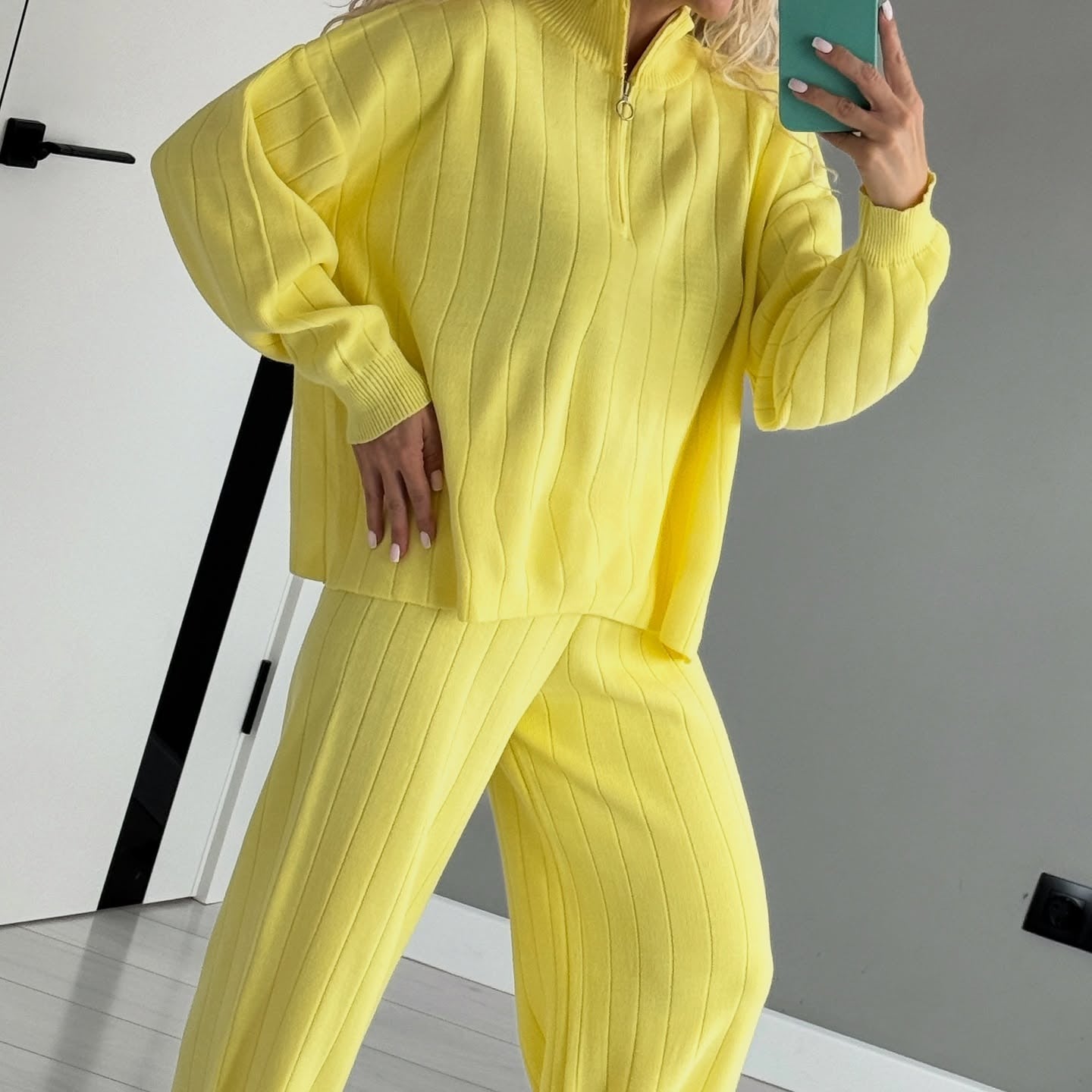 Women Stand Collar Half Zip Top & Pants Casual Set
