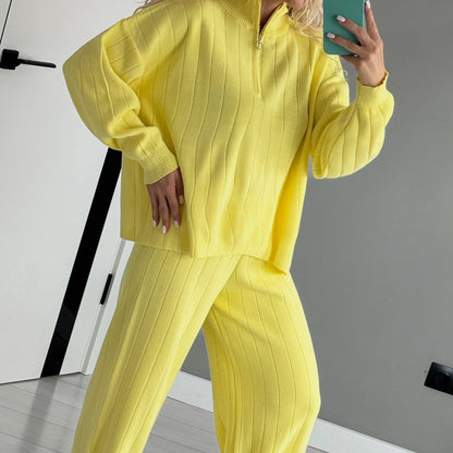 Women Stand Collar Half Zip Top & Pants Casual Set