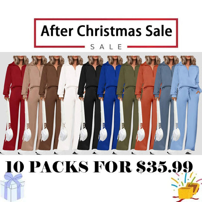 Women's Outfits Casual Lapel Half Zip Sweatshirts And Wide Leg Pants Tracksuit Sets