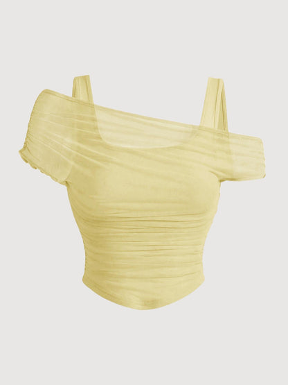 Women's Asymmetric Neckline Ruched Crop Top