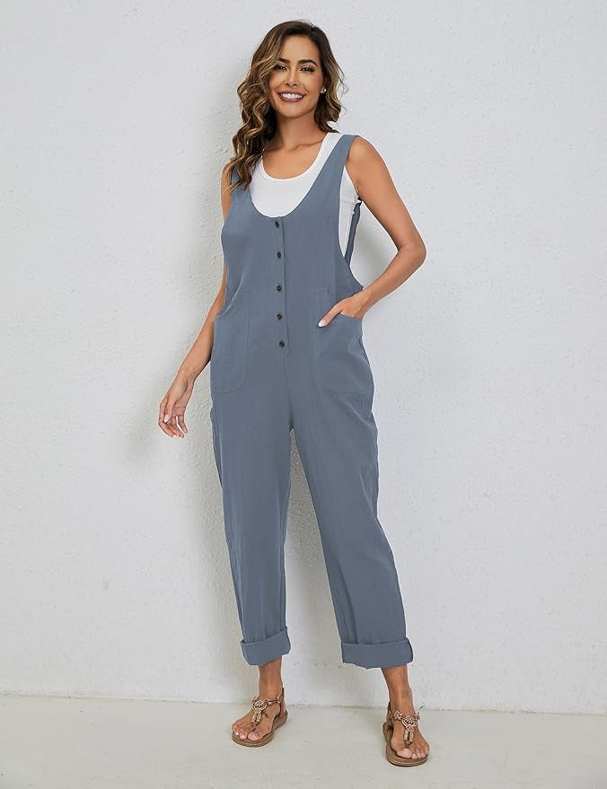 Womens Overalls Cotton Linen Loose Jumpsuits