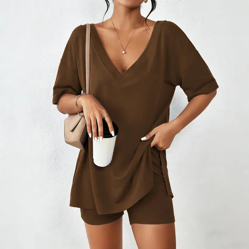 V-neck Two-Piece Pajama Set For Women Summer Casual Oversized Split Hem Shirts