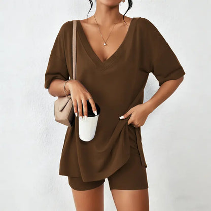 V-neck Two-Piece Pajama Set For Women Summer Casual Oversized Split Hem Shirts