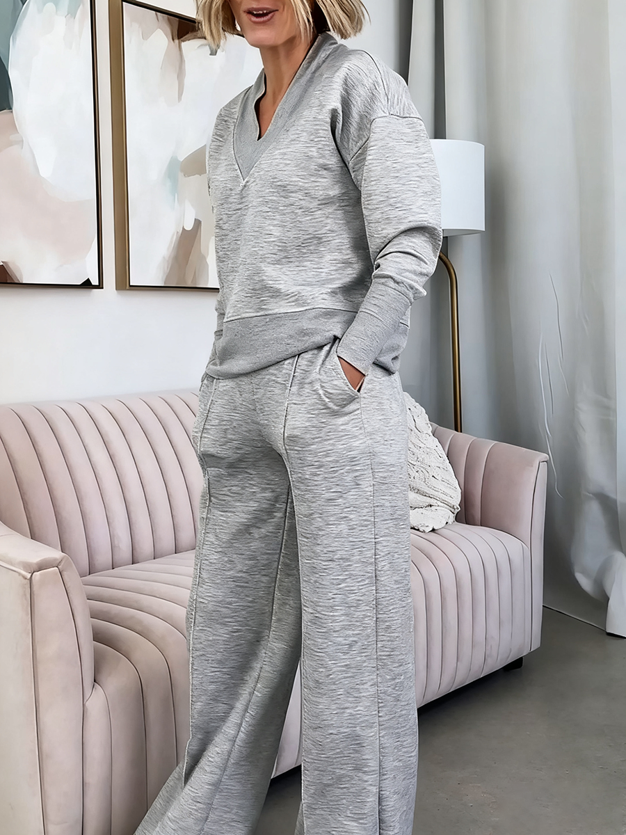 Solid Color Casual Large V-Neck Top & Pants Set