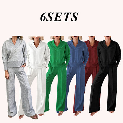 Solid Color Casual Large V-Neck Top & Pants Set