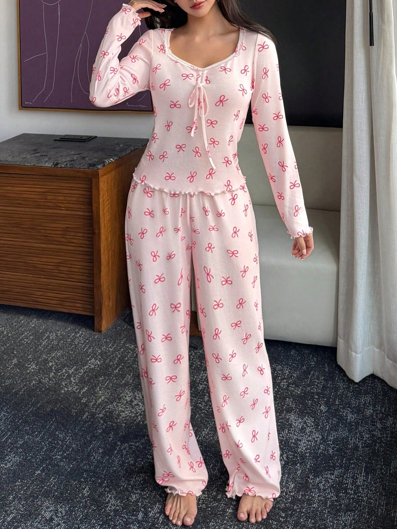 Women's Bow Print Long-Sleeve Lounge Pajama Set