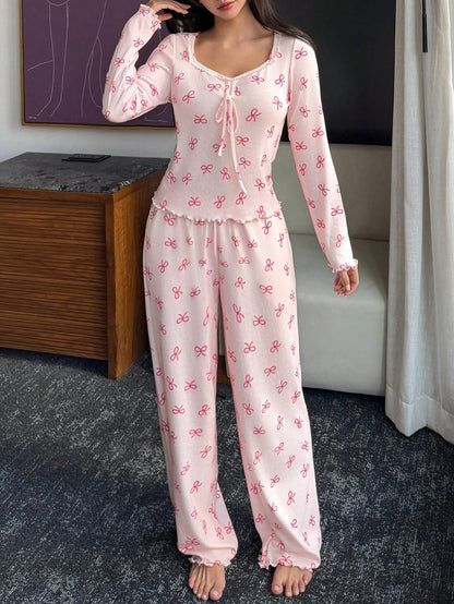 Women's Bow Print Long-Sleeve Lounge Pajama Set
