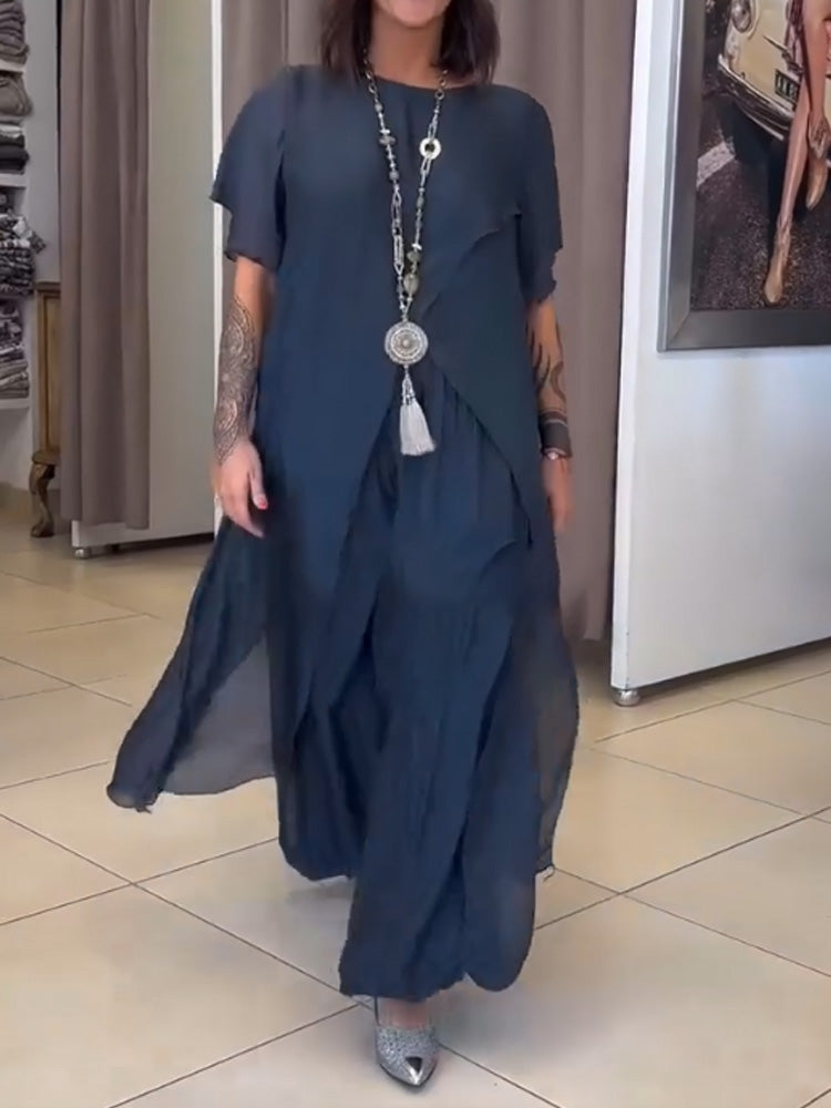 Chiffon Round Neck Casual Solid Color Two-Piece Suit