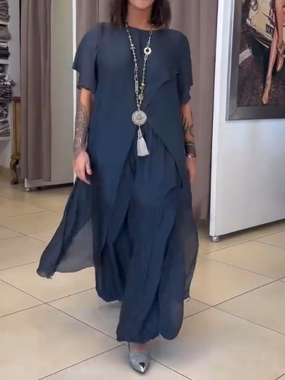 Chiffon Round Neck Casual Solid Color Two-Piece Suit