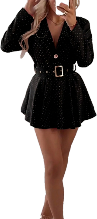 ⏰Final 2-Hour Clearance🔥Women Laple Collar Rhinestone One-piece Jumpsuit Dress with Belt