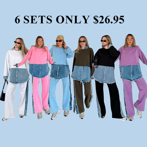 Women'S Knitted Patchwork Denim Top & Pants Set