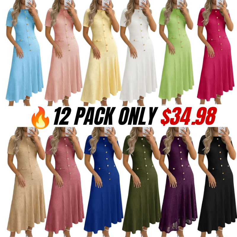 Womens Midi Dress Summer Casual Short Sleeve Crewneck Button Decor