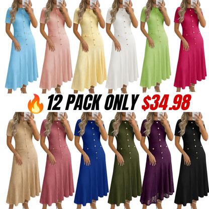 Womens Midi Dress Summer Casual Short Sleeve Crewneck Button Decor