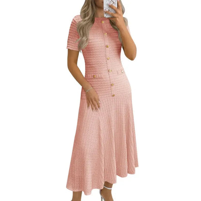 Womens Midi Dress Summer Casual Short Sleeve Crewneck Button Decor