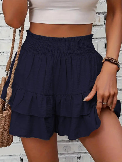 Women's Frill Trim Ruffle Hem Shirred High Waist Shorts