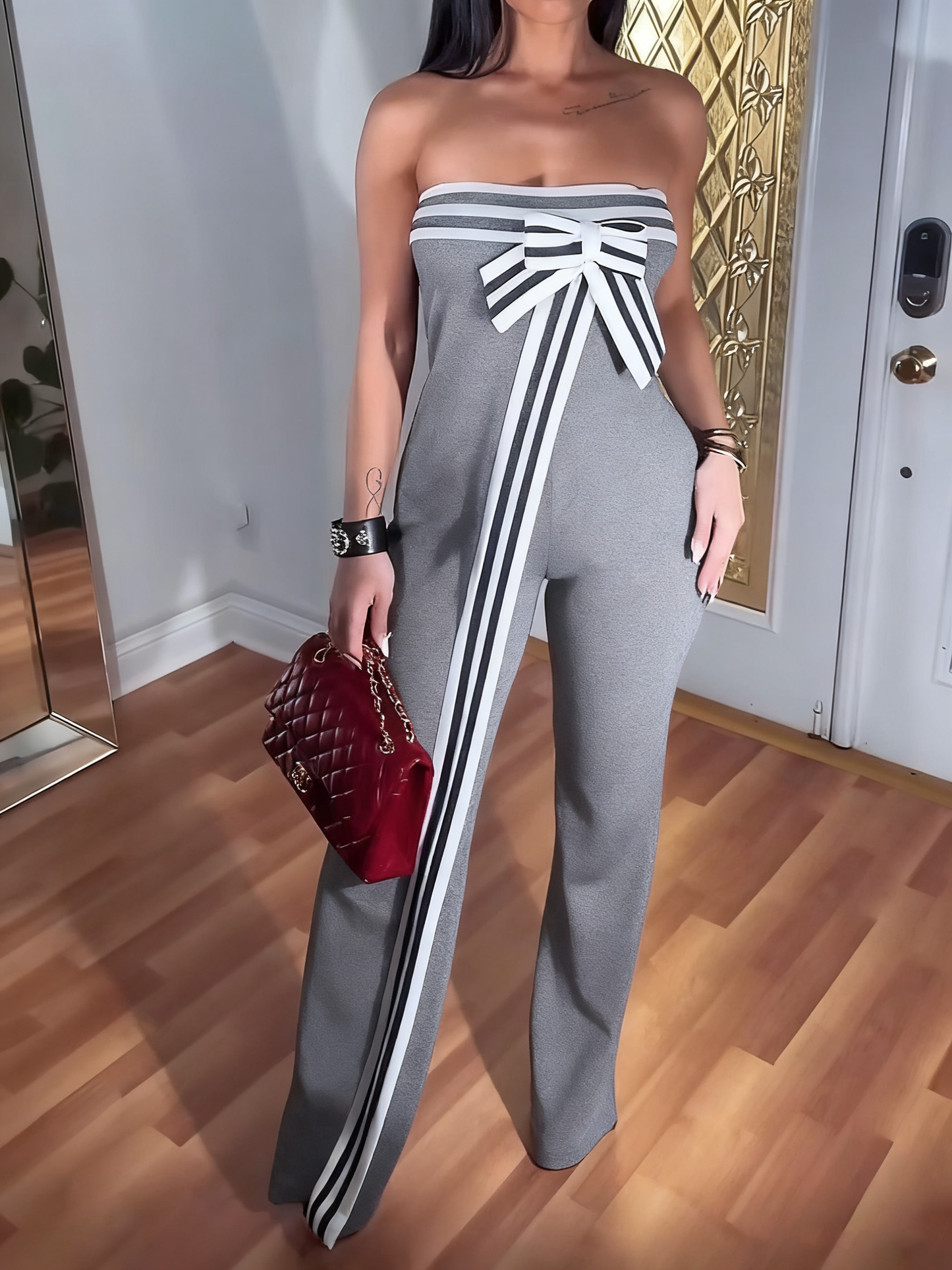 Contrasting Color Tube Top Jumpsuit