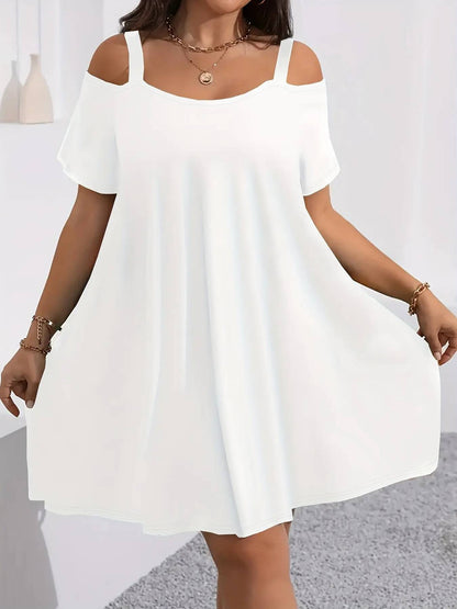 Plus Size Women's Round Neck Short Sleeve Shoulder Cut Out Fitted Casual Midi Dress