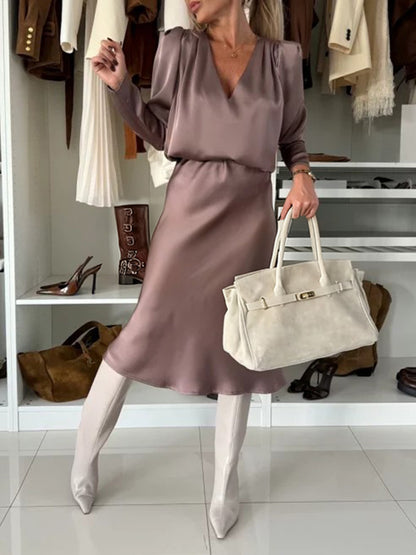 Silky Satin Long-Sleeved V-Neck And Skirt Suit