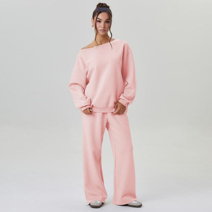💘 Valentine’s Day Sale 💘Women's casual solid-color scoop-neck long-sleeved top and wide-leg pants set, comfortable curved-neck loose two-piece clothing set